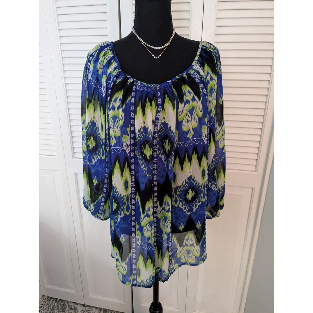 Evan-Picone Semi-Sheer Blouse Women's 16W Abstract Boho Print Royal Blue Lime